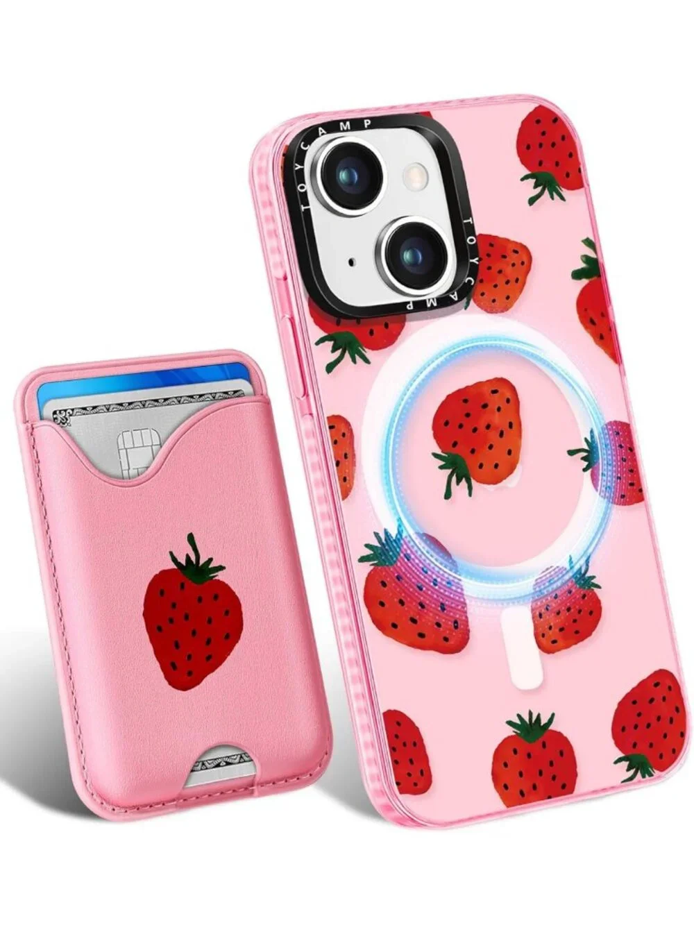 Cute Strawberry Design iPhone 14/13 Case - Magnetic Wallet, Kawaii Phone Cover